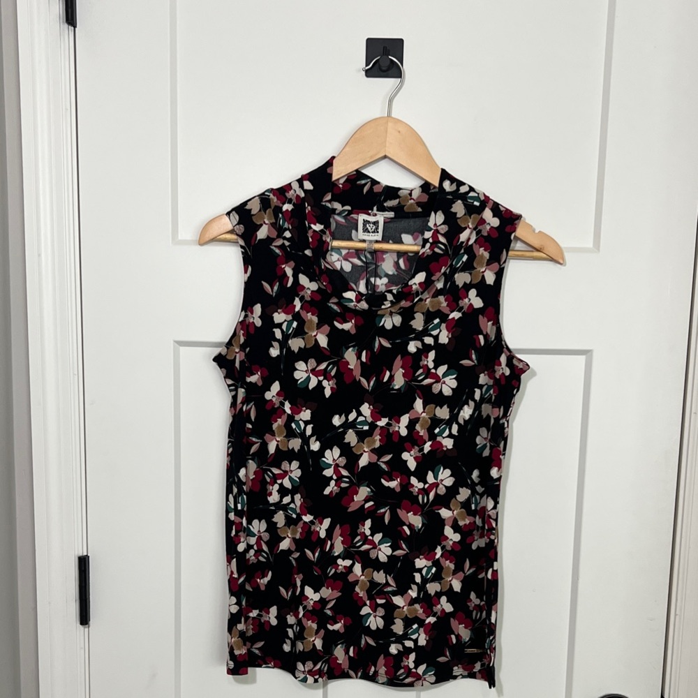 Anne Klein Black Cranberry Floral Sleeveless Blouse